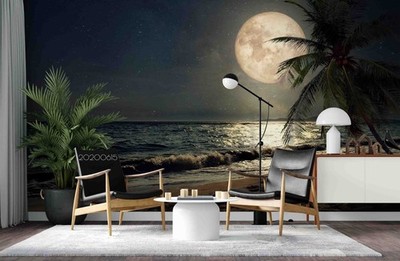 3D Tropical Sea Moon Night Scene Wall Murals Wallpaper Murals Wall Sticker