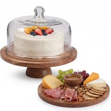 Acacia Wood Cake Stand with Lid, 12 in Glass Dome Cover, Cake Plate Holder