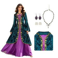 Women Gothic Witch Costume with Purple Maxi Dress Medieval Renaissance Cosplay O