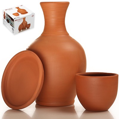 Terracotta Mud Jugs with Mug and Platter, Earthen Water Carafe Set, Pottery J...