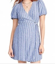 Old Navy Short Puff Sleeve Railroad Stripe Linen Blend Wrap Dress Boho Size XXL