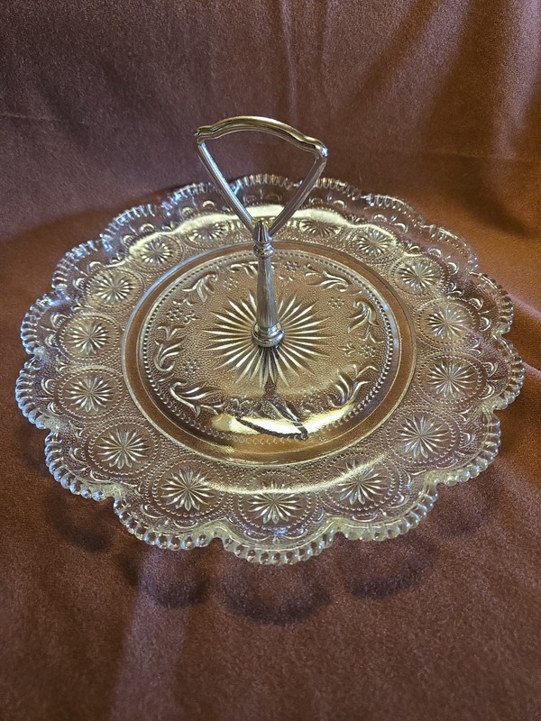 Vintage Brockway American Concord Glass Sandwich Tray With Metallic Handle