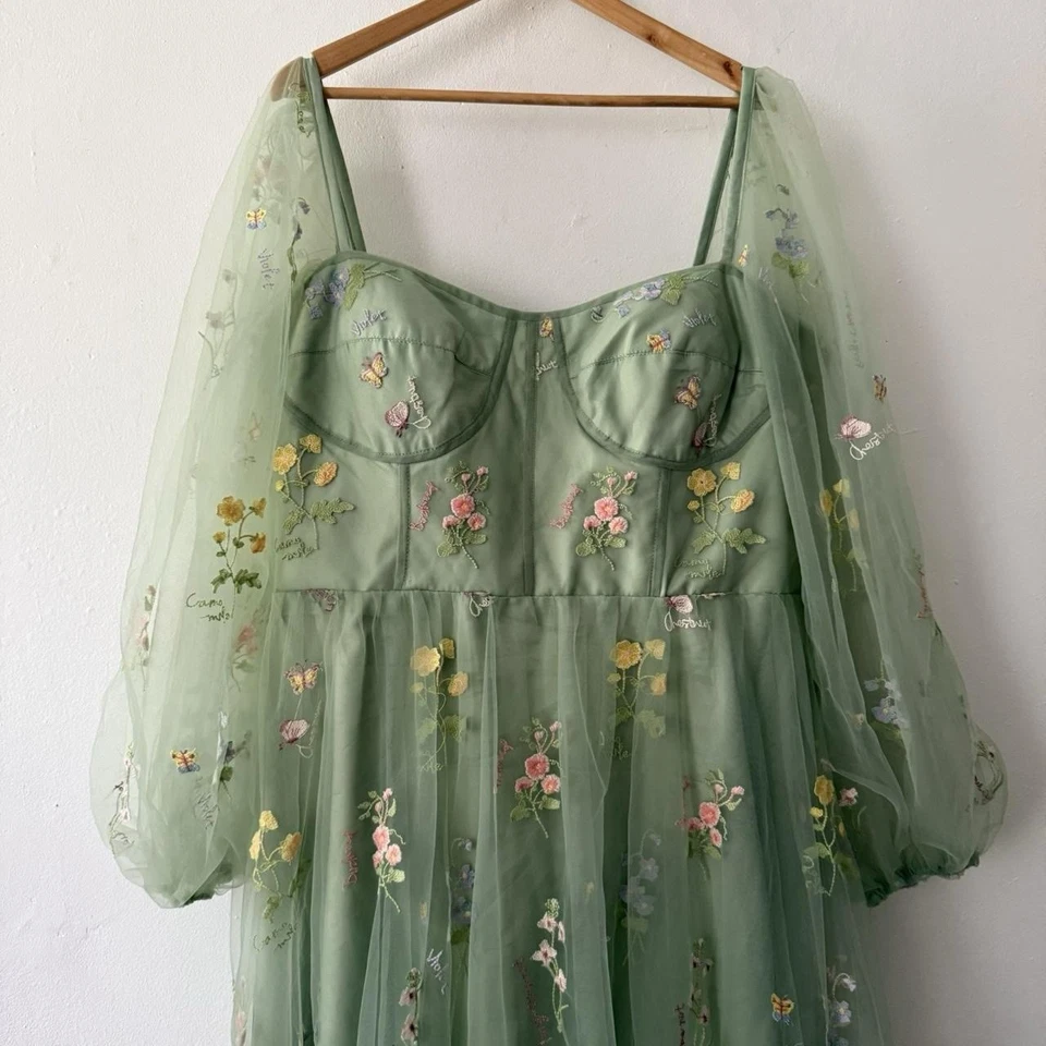 Vestido de hadas para mujer XXL verde flor bordado tul corsé encaje manga abullonada Foto 2 de 4