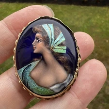 ANTIQUE EDWARDIAN MINIATURE PICTURE ENAMEL 14k GOLD BROOCH PENDANT 37mm