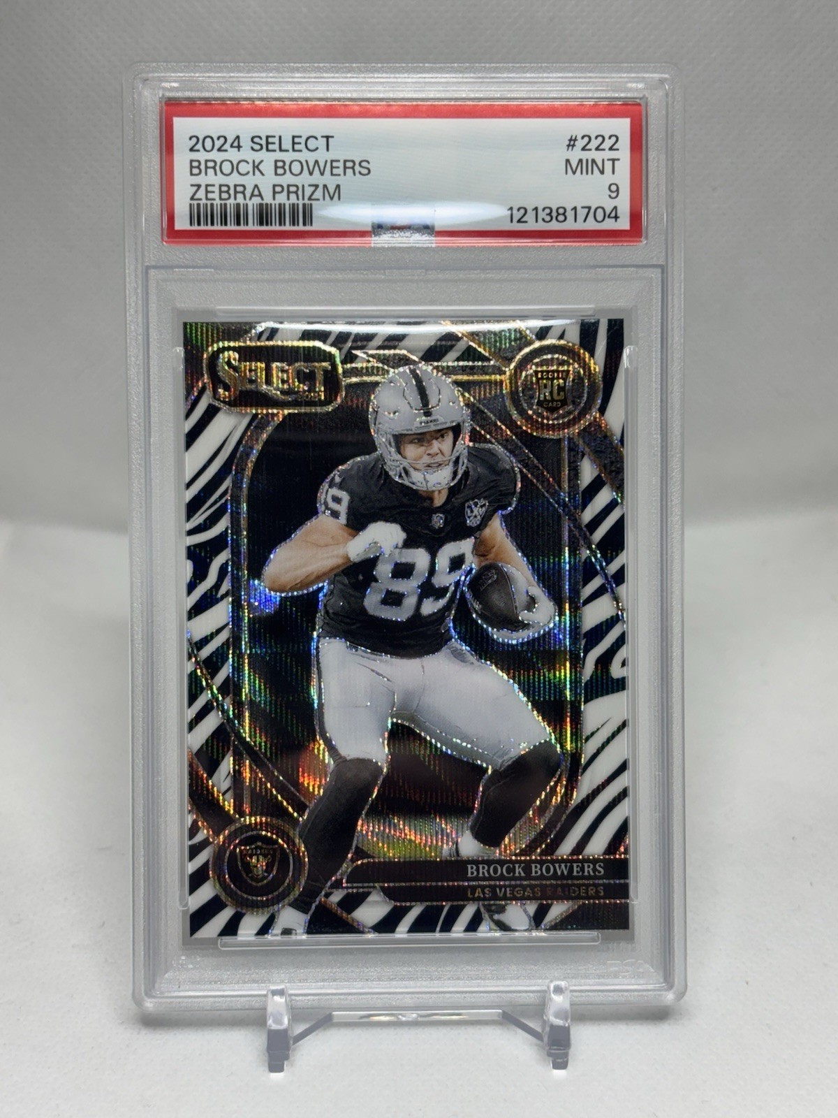 BROCK BOWERS 2024 Panini Select 222 Zebra Prizm Club Level SP RC Rookie PSA 9