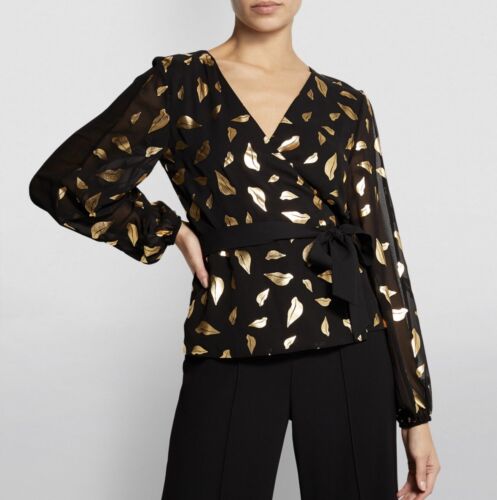 Diane Von Furstenberg XS $268 Jessa Gold Lip Wrap Top Black Chiffon Tie Waist - Picture 2 of 9