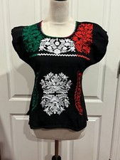 Women Oaxaca Mexico Cotton Blouse Elaborate Hand Embroidery Black 19"Lx15"W