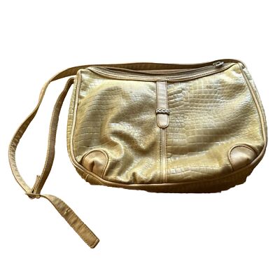 Vittoria Tan Croc Embossed Leather Shoulder Bag Women's Multiple Compartments