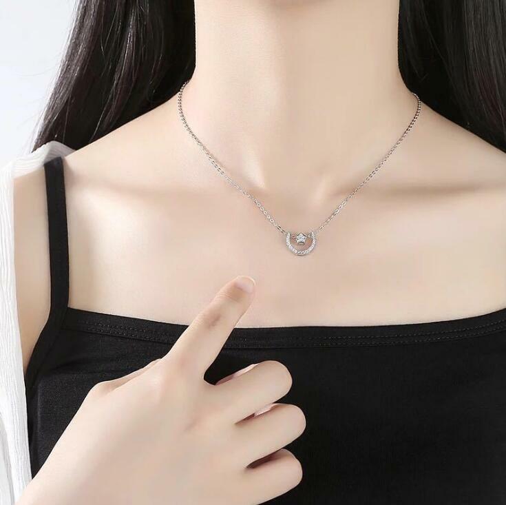 Silver SP Pave Cubic Zirconia Star Moon Pendant Chain Necklace | eBay