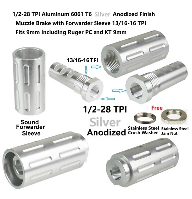 1/2x28 TPI Silver Anodized Aluminum Muzzle Brake W 13/16-16 Forwarder Tube 9MM