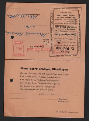 KÖLN-NIPPES, Postkarte 1937, Georg Schlegel Metallwaren-Manufaktur