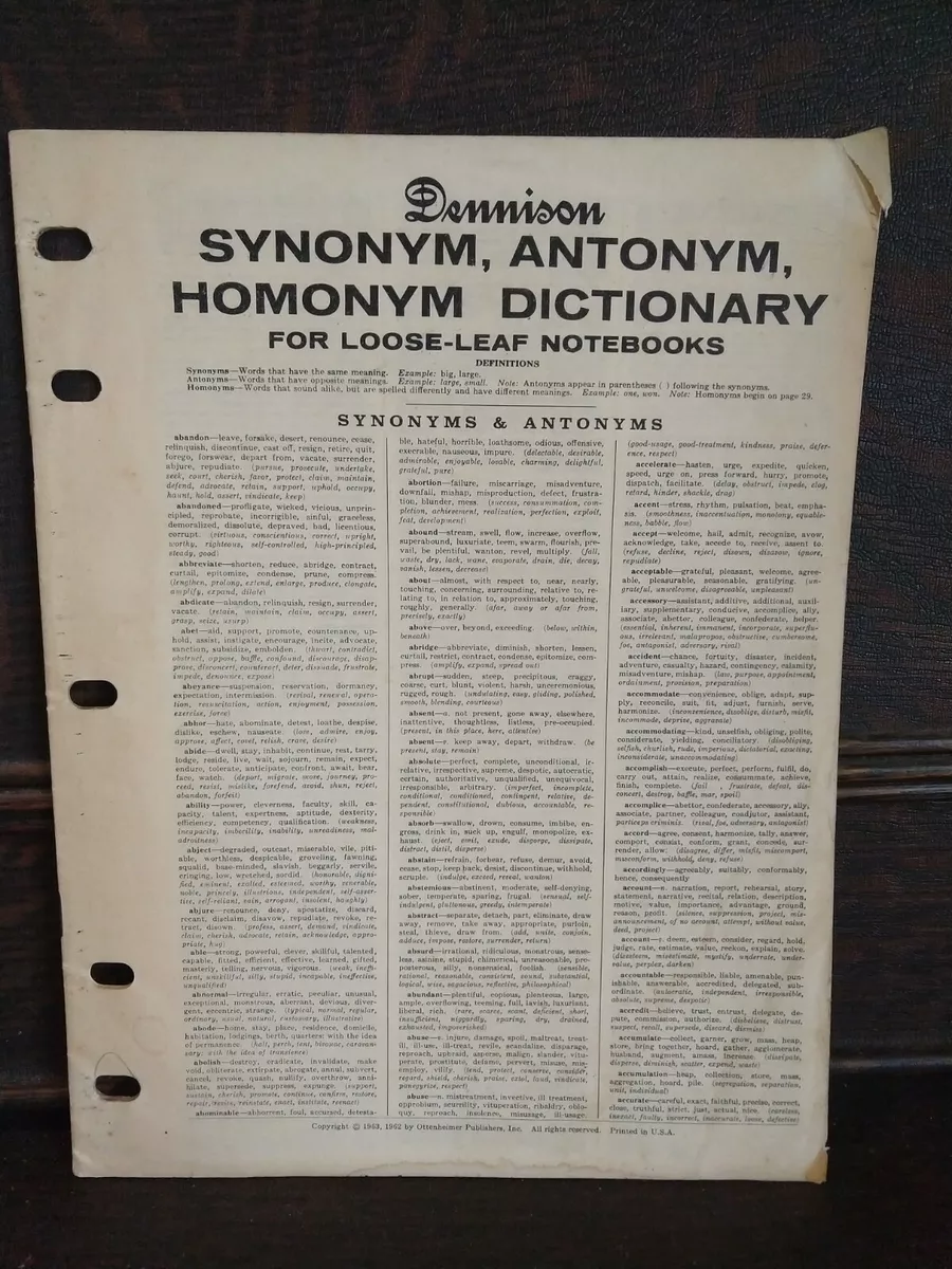 Dennison Synonym Antonym Homonym Dictionary for loose-leaf notebooks 1962