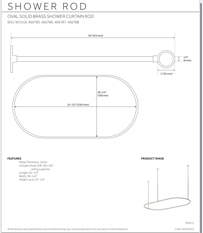 30" X 60" OVAL BRASS SHOWER RING AND CEILING SUPPORTS - BRUSHED NICKEL - Image 3 of 4
