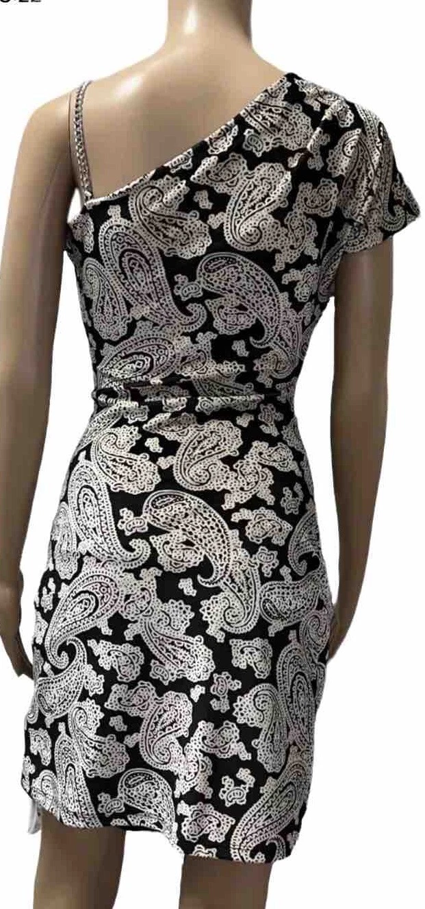 MICHAEL Michael Kors Abito a una spalla in velluto Paisley. Osso nero. XS. NUOVO COME