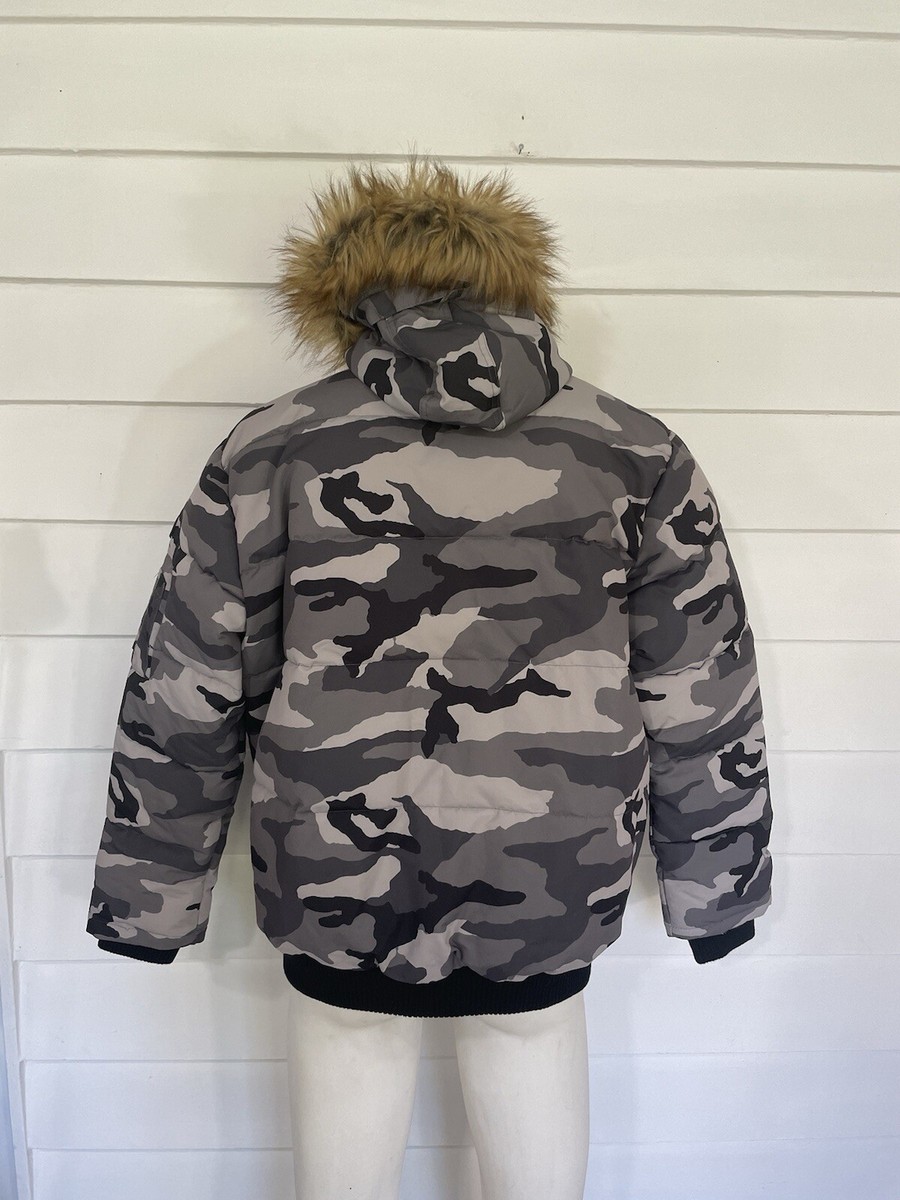 Y2K Ecko Unltd Men Puffer Jacket Hooded Fur Gray Camo Full