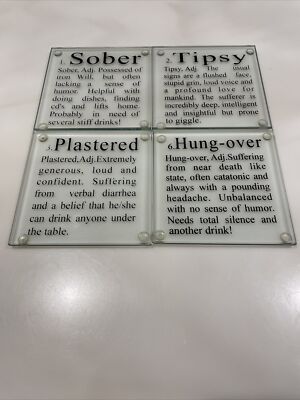 Glass Coasters Lot of 4  Drunk Definition  Preowned, No Chips, W/Protective Feet