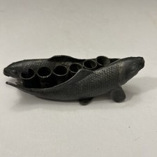 Antique 2 Koi Fish Flower Frog Ikebana 6 Holes Cast Metal Marked Japan 1900  s