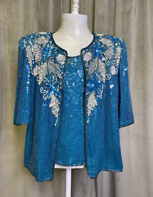 Vintage Sequins Blouse And Jacket Turquoise Blue Silk Twin set 2 Piece G2U