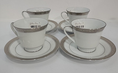 4 x Noritake Crestwood Platinum 4166L  Footed Cup & Saucer  Brand New with Tags