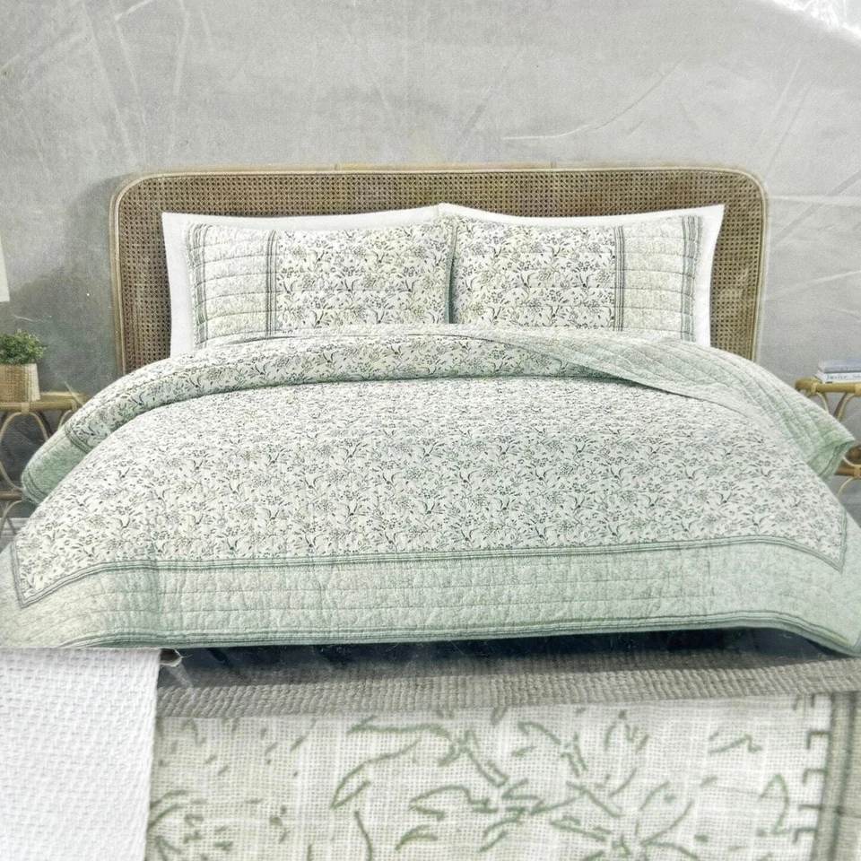 Tahari 花卉积木印花鼠尾草绿色国王 3 件套双面被套床上用品新品 — 第 2/4 张图片
