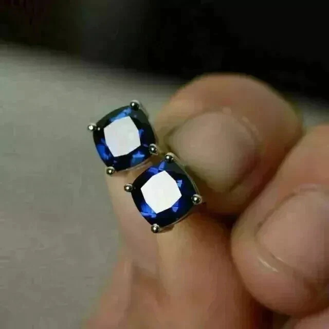 2CT Cushion Cut Blue Sapphire Lab Created Stud Earring's 14K White Gold Plated - Image 2 of 4