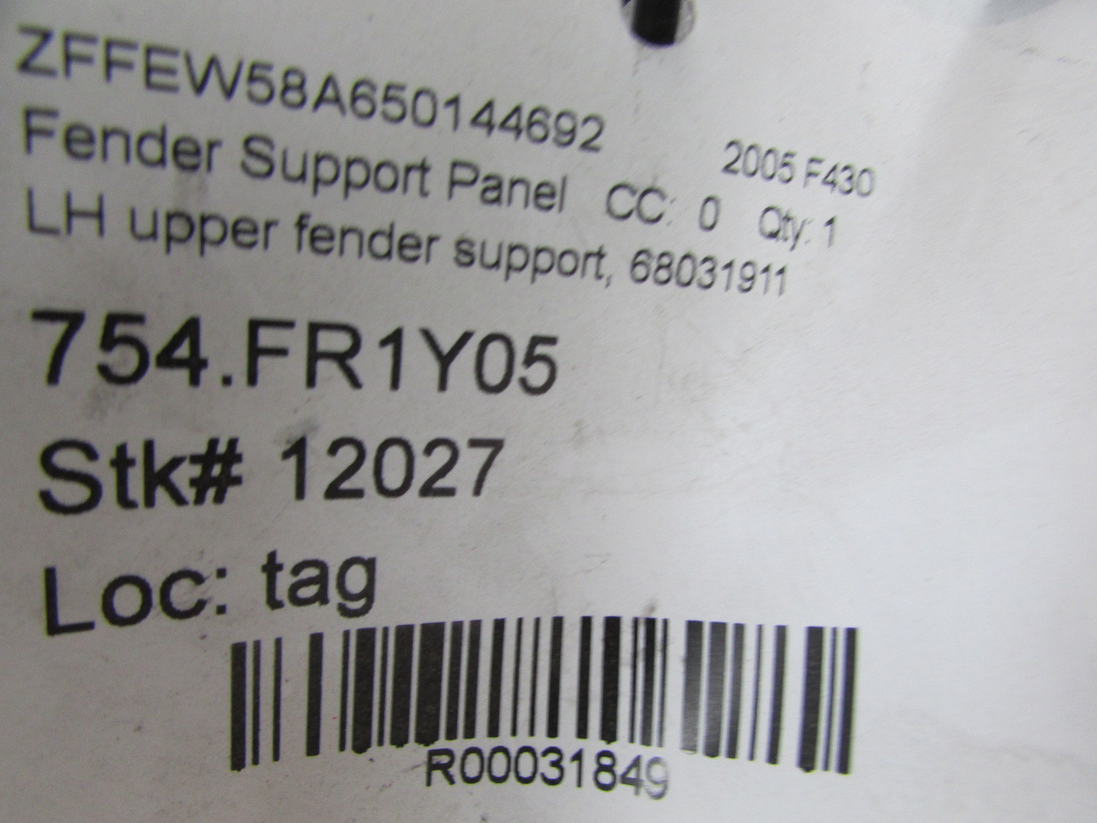 Ferrari F430, LH, Left Upper Fender Support Panel, Used, P/N 68031911
