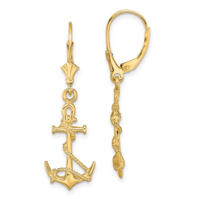 14k Yellow Gold 3-D Anchor Shackle and Entwined Rope Leverback Earrings 2.56g