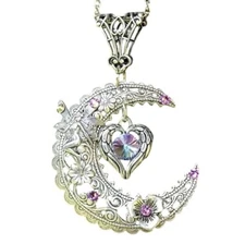 Silver Tone Fairy Moon Necklace With Heart Pendant