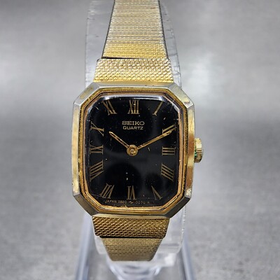 VTG Seiko Watch Women 17mm Black Dial Gold Tone Octagon 2B20-5019