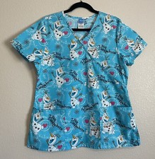 Disney Frozen Olaf Women's Medical V-Neck Scrub Top Size Medium Blue 100 Cotton