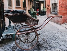 1860s Antique Wicker Wood Stroller Pram Doll Baby Carriage Buggy L36" H 26" W16"