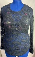 Black Sheer Lace Long Sleeve Top  Gothic Floral Mesh Blouse  Stretchy Layer