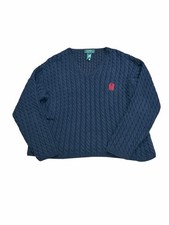 Lauren Ralph Lauren Cable Knit Sweater Navy Crest Logo Cotton Large