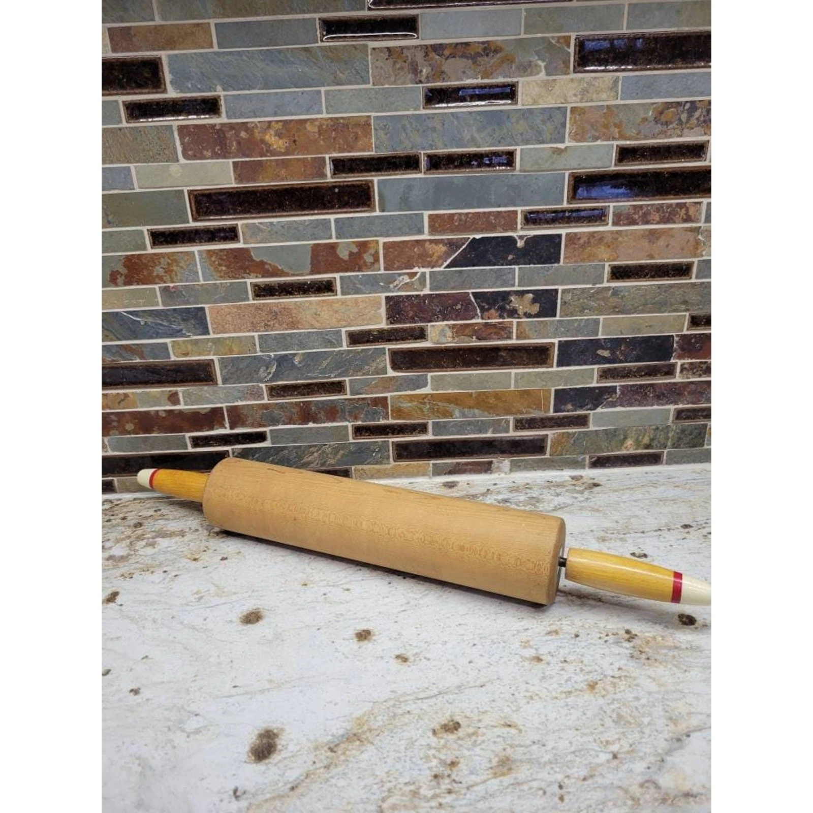 Vintage Wood Rolling Pin, Red Stripe White Handle Ends