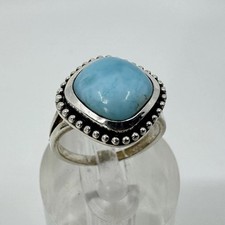 Sterling Silver Square Cushion Larimar Ring Beaded Studded Border Sz 5