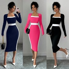 Women Square Neck Long Sleeve Bodycon Midi Dress Colorblock Party Gown S M XL