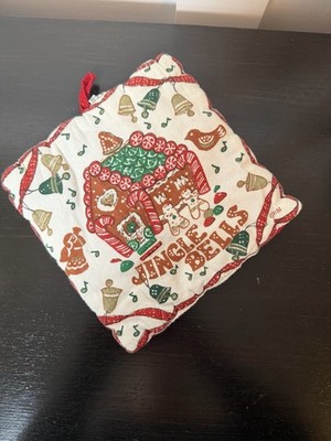 Vintage Christmas Themed Pot Holder Ginger Bread House Jingle Bells Cottagecore