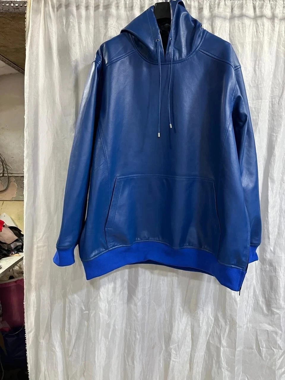 Mens Electric Blue Hood Bomber Leather Jacket. Real Soft Sheepskin Leather Hoody