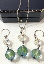 Vintage 925 Silver Green Aurora Borealis Crystal Drop Earrings Pendant Necklace