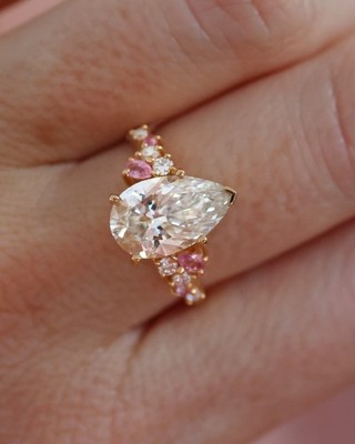 Elegant Pear Cut Moissanite Engagement Ring Multi Stone Her 925 Gold Plated Ring