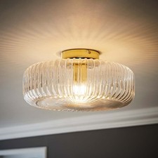 Large Ceiling Light Fitting Ribbed Glass Lampshade Flush Living Room LED Bulb