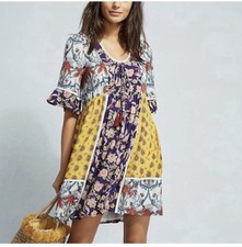 Anthropologie Lilka Yellow & Purple Patchwork Trapeze Beach Dress Size Xs