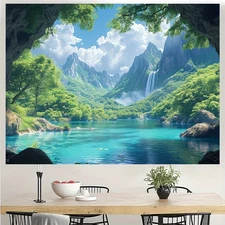1pc Extra Large Tapestry - Tropical Waterfall, Greenery & Blue Waters - No Insta