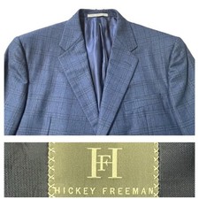 Hickey Freeman Modern Bespoke Cashmere Sport Coat Jacket USA Plaid Blue 44 Men