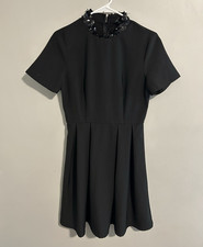 Poppy Lux Black Fit & Flare Dress US 4 Short Sleeve Mock Neck Solid Sequins