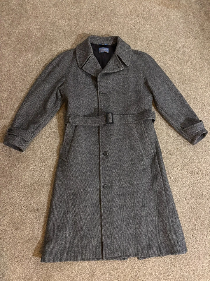 Vtg Pendleton Wool Belted Trench Coat Grey Herringbone 44r USA fits 40r - Image 2 of 4