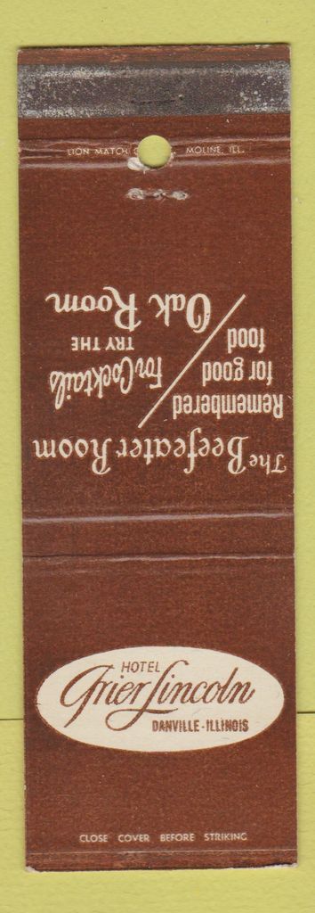 Vintage Hotel Grier Danville IL Matchbook Cover Collectible  