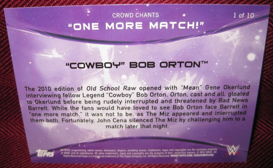 2015 TOPPS WWE CROWD CHANTS ONE MORE MATCH #1 COWBOY BOB ORTON - Image 2 of 2