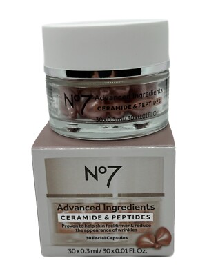 No7 Fortgeschrittene Zutaten Ceramide & Peptide 30 Gesichts- Kapseln, Neu IN Box