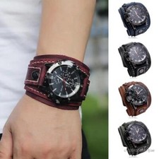 Wide Leather Watch Cuff Band Brown Wrist Black Strap Punk Retro Quartz Mens New